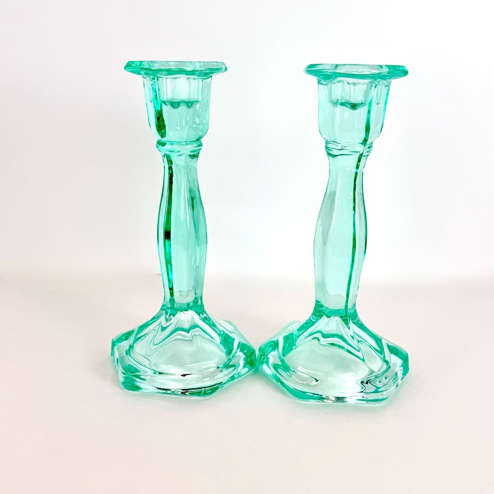 Vintage Set Of 2 Aqua Blue  Art Deco Glass Candlesticks Holders. Mid-Century Mod